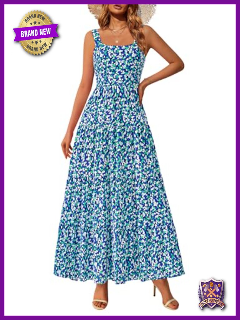 Women's Floral Maxi Dress Square Neck Ruffle Tiered A-Line Boho Sleeveless